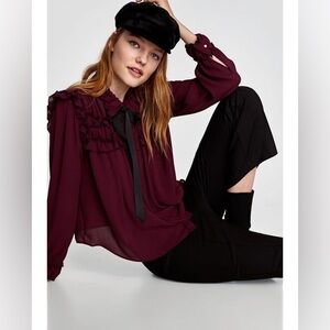 Zara Size S Basic Collection Ruffled Blouse in Wine with Black Ribbon Bow
